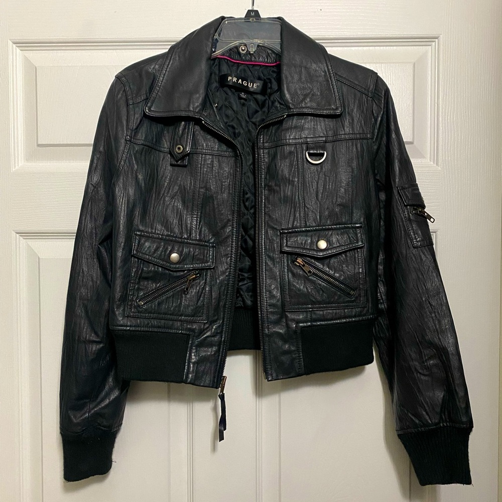 Prague leather cropped bomber jacket- size Medium
